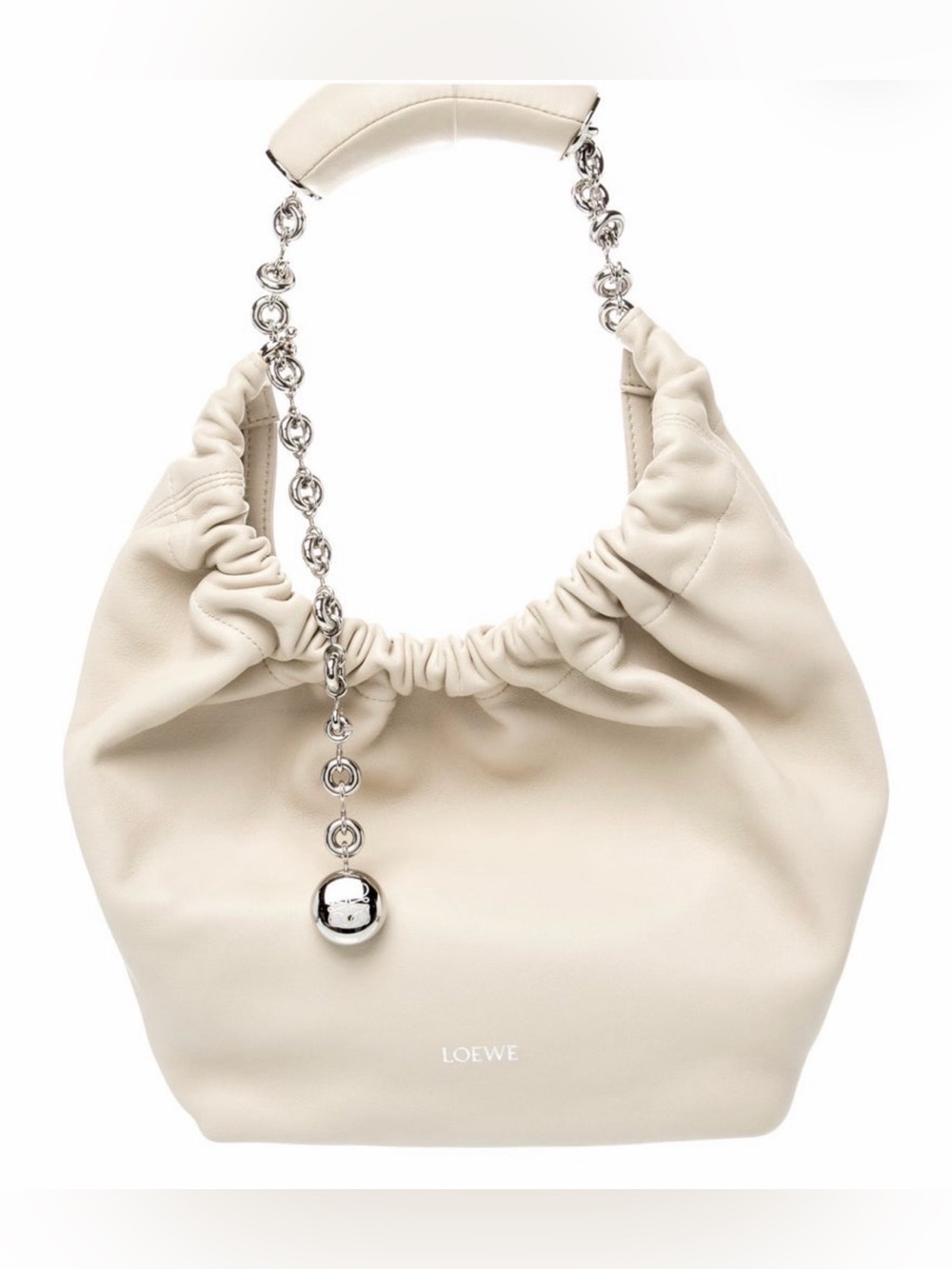 STUNNING Loewe Cream Leather Shoulder squeeze Bag with Silver Loewe Chain Charm